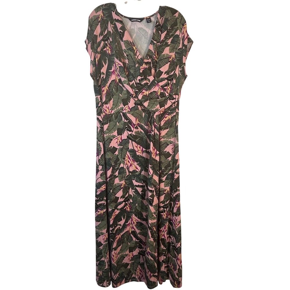 Lands' End Womens XL/P 18 Tropical Palm Leaf Floral Maxi Dress Pink Green V-Neck